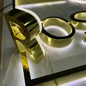 Mirror Polish Face Gold Letters Wall Hanging 3D LOGO Stainless Steel Metal Illuminated Letter Sign Company Name Signage