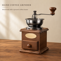 Moulin à café manuel vintage en bois avec tiroir et presse française, plateau en laiton à manivelle, cadeau rétro pour barista à domicile