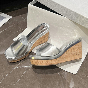 2025 High Quality Waterproof Outdoor Wooden Slope Heel Slippers High Heel Wedge Square Head Breathable Women's <b>Shoes</b> Jelly <b>Shoe</b> - Product Image 5