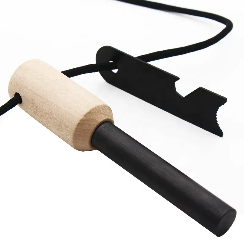 Eco Friendly stout flint ferro rod firesteel fire starter with wood handle grip