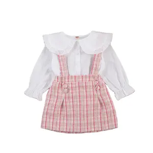 Conjunto de roupas para bebês meninas, outono, 2 peças, tops xadrez, estampa, cinta, vestido para criança, menina, saia e camisa