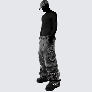 Siêu axit rửa người đàn ông của denim quần hàng hóa chất lượng cao OEM nút trang trí thẳng giữa xếp li baggy thiết kế cổ điển nhìn - Product Image 6