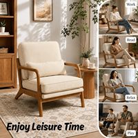 Fauteuil d'appoint moderne du milieu du siècle, en lin beige, avec structure en bois massif, vente en gros