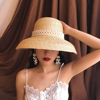 Chapeau en paille naturelle tressée à large bord, style Hepburn, avec perles, pour femme, vintage français, couvrant le visage, pour l'été et les vacances à la plage