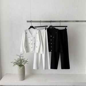 2026 Summer Loose Gentle Style Embroidered <strong>Knit</strong> <strong>Set</strong> for Women V-Neck Cardigan and Wide-Leg Pants Casual Two-Piece <strong>Set</strong> - Product Image 3
