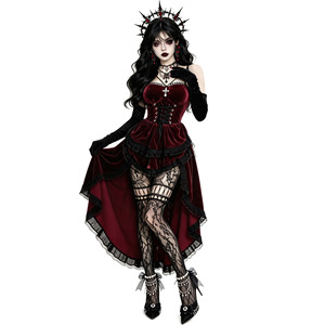 Vestido de terciopelo rojo vino gótico oscuro con corsé, diseño de flores que caen en las nubes, para noche de brujas/Cosplay de Halloween - Product Image 3