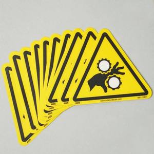 Señal de advertencia industrial: peligro de que la maquinaria móvil se enrole o se deslizze, adhesivo de seguridad, señal de peligro para equipos de fábrica y lugares de trabajo. - Product Image 1