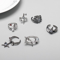 Grosir 6 Model Cincin Y2K Bintang Bulan yang Dapat Disesuaikan, Cincin Gothic Punk Perak Hitam untuk Perhiasan Estetik, Hadiah Grosir