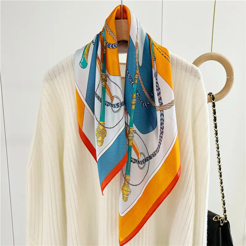 Personalizado hilo de seda natural de morera 12MM 65cm cuadrado naranja. máquina de impresión bufanda de seda satinada ondulada para las mujeres