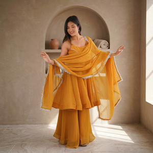 Conjunto de Seda Crujiente TENNECY para Mujer, con Bordado Pesado Zarkhand, Top, Pantalón y Dupatta, Completamente Cosido, Largo hasta el Tobillo, para Bodas y Diwali - Product Image 1
