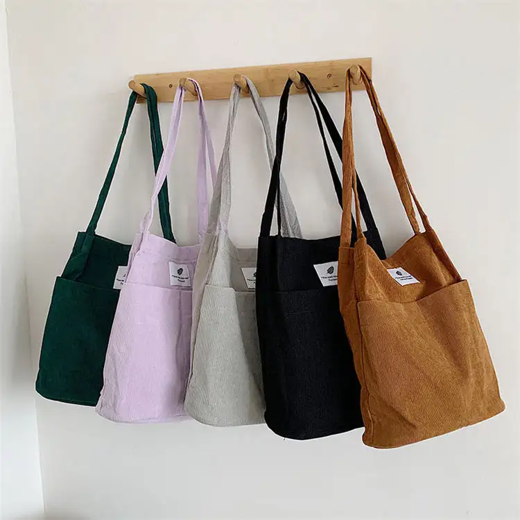 Factory Wholesale Environmental Female Large Capacity Solid Color Casual Corduroy Shopping Tote Bag