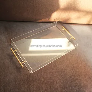 Customize product shelf display tray acryl luxury tray with gold silver handle hotel large clear plexiglass decorative tray