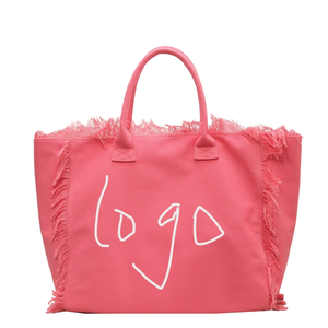 Pink <b>Canvas</b> Bohemian <b>Tote</b> Bag with Fringe Logo Design Large Capacity Open Top Handle Women Casual Daily Use - Product Image 1