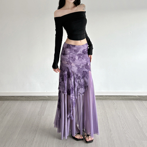 Romantic Purple <b>Floral</b> Print Mesh Maxi <b>Skirt</b> Women Irregular Ruffle Hem Sheer Patchwork Vintage <b>Long</b> <b>Skirt</b> Elegant Style - Product Image 6