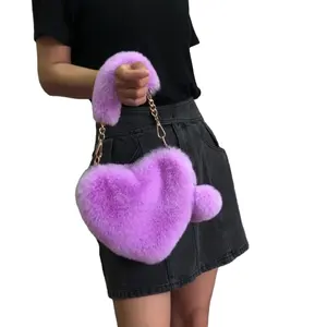 Fashion Imitation Rabbit Handbag Women Bags Heart-Shaped Fur Ladies Purses