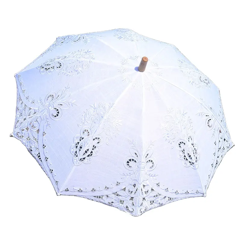 Nieuwe Collectie Retro Stijl Handgemaakte Witte Kant Roestvrijstalen Handvat Stand Bruiloft Paraplu Custom Tag