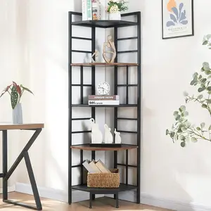 6 Tier Industriële Hoge Hoek Boekenplank, Hoek Boekenkast Met Metalen Frame En Mdf Board Hout En Metalen Plank