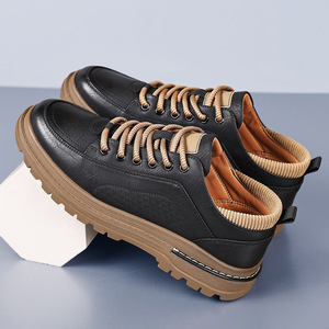 Chilowa Zapatillas de deporte de cuero con cordones para hombre, suela gruesa, tacón bajo acolchado, zapatos informales para otoño - Product Image 4