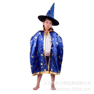 Childrens <b>Witch</b> Costume Cape With <b>Hat</b> Set Red Blue Star Print Unisex Halloween Costume For Kids - Product Image 5