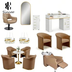Ensemble de mobilier de salon de coiffure portable de style européen : fauteuil de barbier, miroirs, fauteuil de lavage, table de manucure et canapé d'attente - Product Image 1