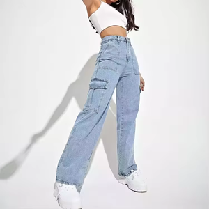 100% coton mode <span class=keywords><strong>Cargo</strong></span> respirant femmes StraightTrousers multi-poches Denim jambe large <span class=keywords><strong>Cargo</strong></span> Jeans - Product Image 3