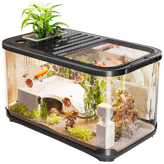 Luxury Plastic Aquarium with Lid Creative Transparent Fish Tank for Living Room Desktop Decor Breathable Turtle Habitat Box