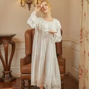Mulher grávida Vestido de Noite Nightgowns Pijamas Princesa Branco Rendas de Algodão de Manga Longa Sleepwear Amamentação Vestido