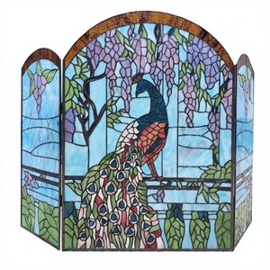 Écran de cheminée en verre massif 44''x32'' avec motif paon, en verre teinté soudé à la feraille pour la décoration intérieure - Product Image 2