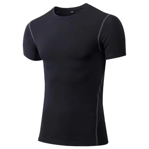 Camiseta Deportiva de Manga Corta para Hombre, Negra, de Secado Rápido, Corte Ajustado, Cuello Redondo, Tejido de Poliéster, Color Sólido - Product Image 1