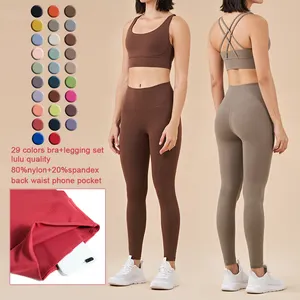 Penjualan Terbaik wanita pakaian olahraga Bra nilon Set Legging 2 buah Yoga Kebugaran Pilates Gym Activewear kustom