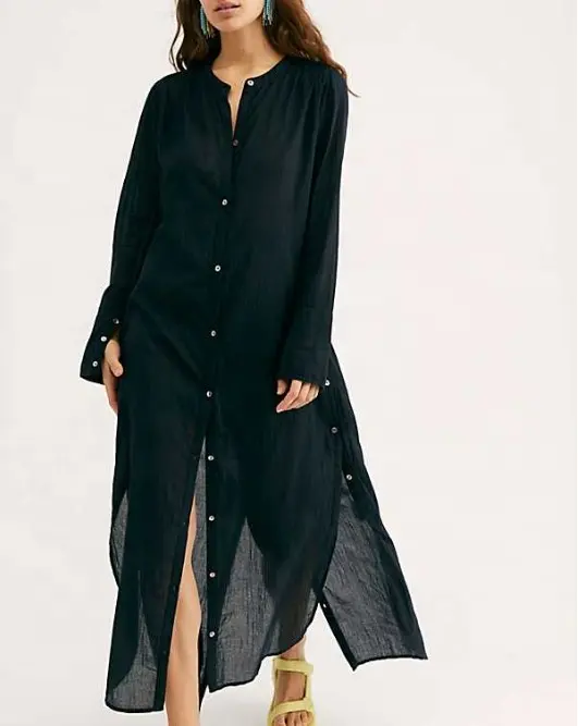 Luxe Organic Cotton Buttondown Sheer Long Sleeve Shirt Women Dress