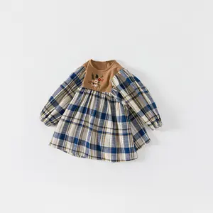 wholesale clothing Classic Checkered Vintage Pastoral Square Neck Embroidered Yarn Dye plaid Kids smock Dresses for little Girls
