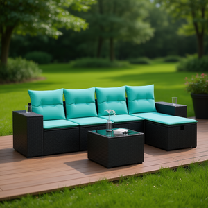Set di divani da giardino in polyrattan nero da 6 pezzi con cuscini, mobili da giardino, posti a sedere all'aperto - Product Image 2