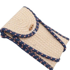 Handmade woven straw <b>bag</b>, stylish and fashionable small crossbody <b>bag</b>, <b>mini</b> children's coin purse, beige and gray cotton. - Product Image 5