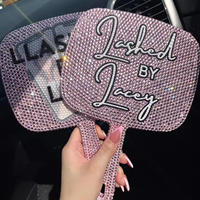 Diamant rose personnalisé Miroir de maquillage à la main en strass Bling Cute Glass and Plastic Handheld Cosmetic Lash avec poignée