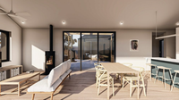 Maison préfabriquée moderne en acier léger de style barndominium, maison modulaire à un étage de style grange avec revêtement en métal ondulé