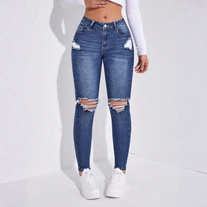 Fabricant de pantalons en denim certifiés OEKO-<span class=keywords><strong>TEX</strong></span> ISO3758 REACH, couleur personnalisée, <span class=keywords><strong>jeans</strong></span> déchirés pour femmes, coupe crayon, streetwear - Product Image 3