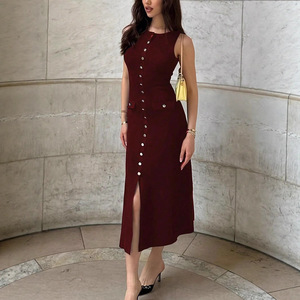 Vestidos eleganti abito lungo lavorato a <span class=keywords><strong>maglia</strong></span> a costine <span class=keywords><strong>con</strong></span> girocollo senza maniche abito maglione Slim Fit - Product Image 2