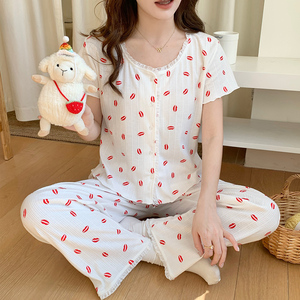 6535 여아용 면 파자마 - 여름 스윗 스타일, 반팔 가디건과 긴 바지, 투피스 파자마 세트 아웃웨어 - Product Image 3