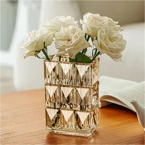 现代简约设计彩色方形加厚水培植物花瓶精美雕刻玻璃花瓶家居装饰