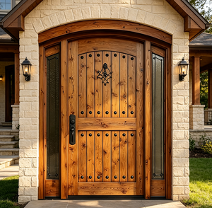 Puerta de entrada rústica de madera maciza Qifan con laterales de vidrio y herrajes de hierro para uso exterior - Product Image 6