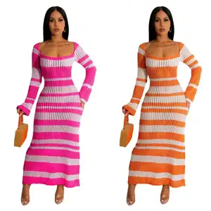 Fashion sexy printed wool knitted long sleeve square collar long dress
