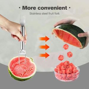 2-in-1 Dual Head Stainless Steel Watermelon Cutter Home <b>Kitchen</b> <b>Gadget</b> Fork Silcer Fruit Knife Fork Watermelon Cutter - Product Image 2
