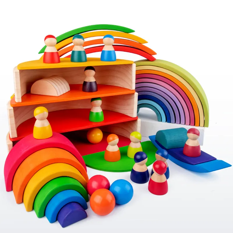 Wooden Puzzle Blocks Kindergarten Children Intelligence Montessori Toys Rainbow Bridge Building Blocks