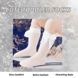 Chaussettes fines en maille respirante pour bébés filles, style vintage, couleur unie, avec nœud, tricotées, longues, pour tout-petits et enfants - Product Image 2