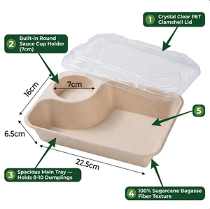 Offre Spéciale – Boîte à Raviolis Jetable Biodégradable en Bagasse de Canne à Sucre 850 ml, Compatible Micro-ondes, avec Compartiment Circulaire pour Sauce, Forme Rectangulaire pour Aliments - Product Image 2