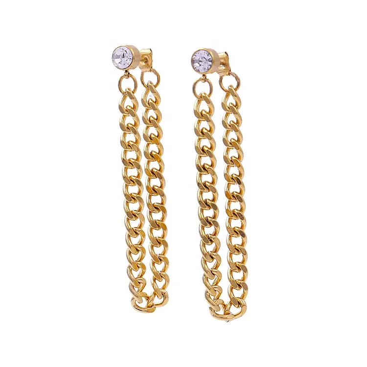 New Trendy Hypoallergenic Stainless Steel Cuban Chain Earrings Jewelry Crystal Rhinestones Link Chain Long Earrings For Women