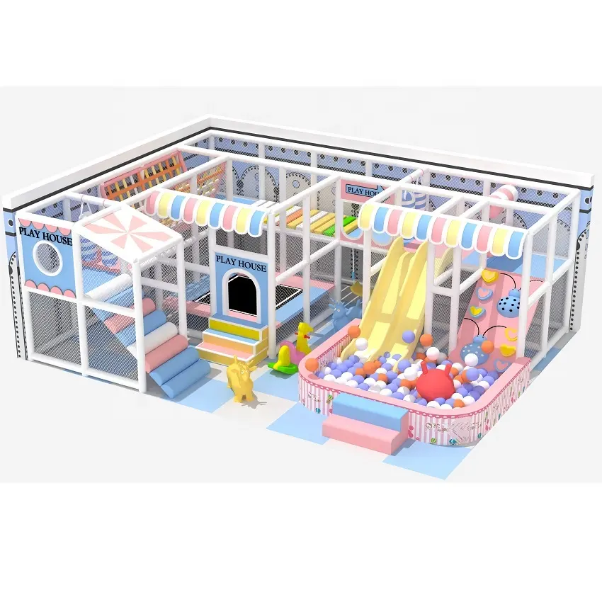Playground indoor com luz de cor azul e rosa combinado zona de jogar no interior