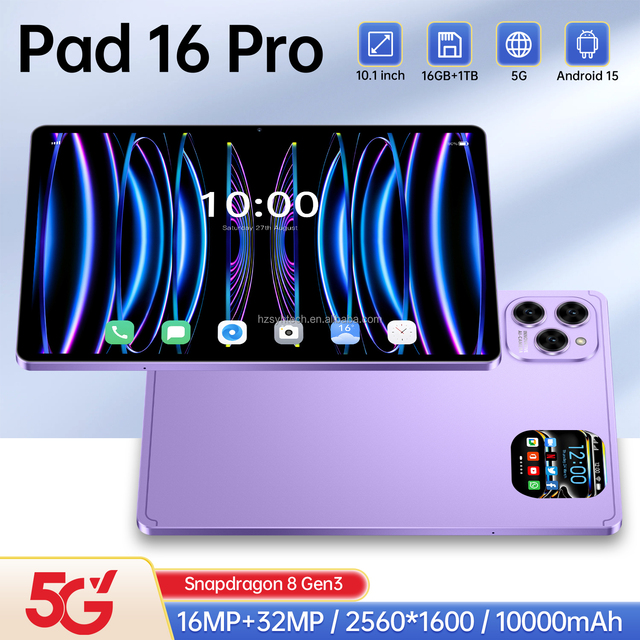 Latest Design Pad 16 Pro 10.1" Android Tablet 16GB+1TB HD Camera USB-C Wi-Fi GPS Face Unlock Student Learning Tablet