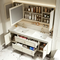Meuble-lavabo de salle de bain de luxe léger à la française, style crème, avec lavabo intégré thermoformé pour salle de bain